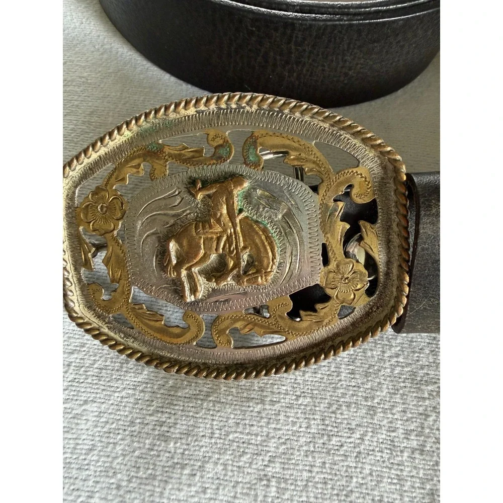 Alpaca Mexico Bronco Buckle Leather Belt Mens 42 Black Western Cowboy Rodeo